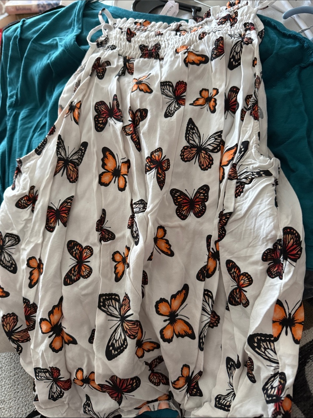 No Boundaries White Crop Top with Orange and Black Butterfly Print size Xlg